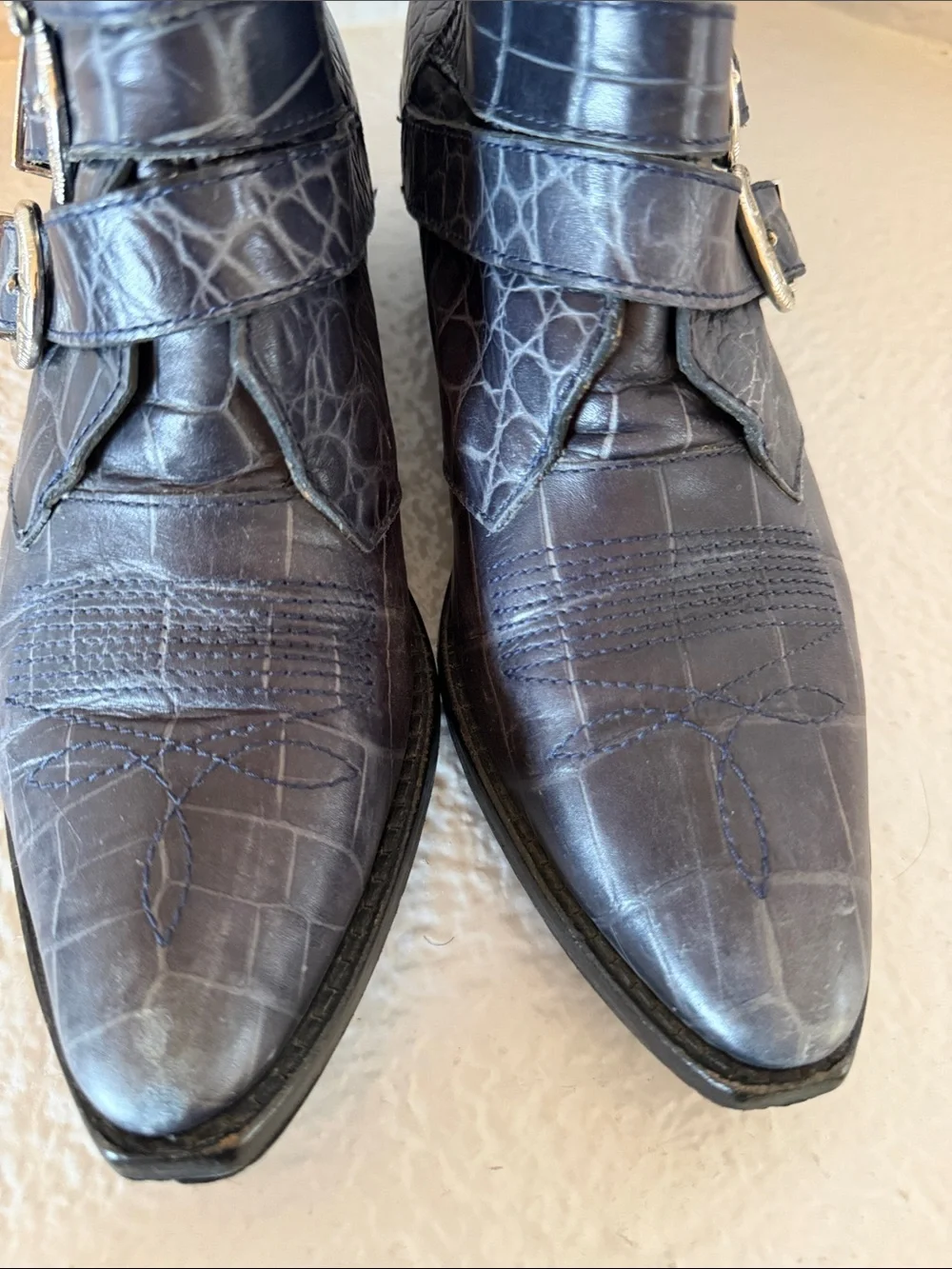 Toga Pulla Blue Croc Embossed Four Buckle Western Ankle Boots EU 38